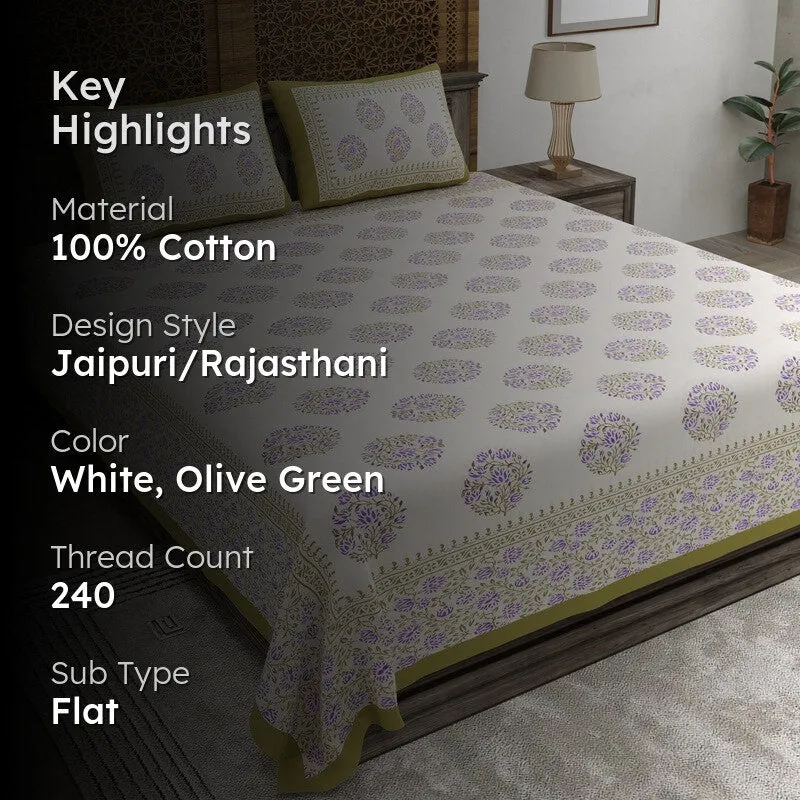 Blossoma Cotton Bedsheet (White,Olive Green) - 240 TC media 2