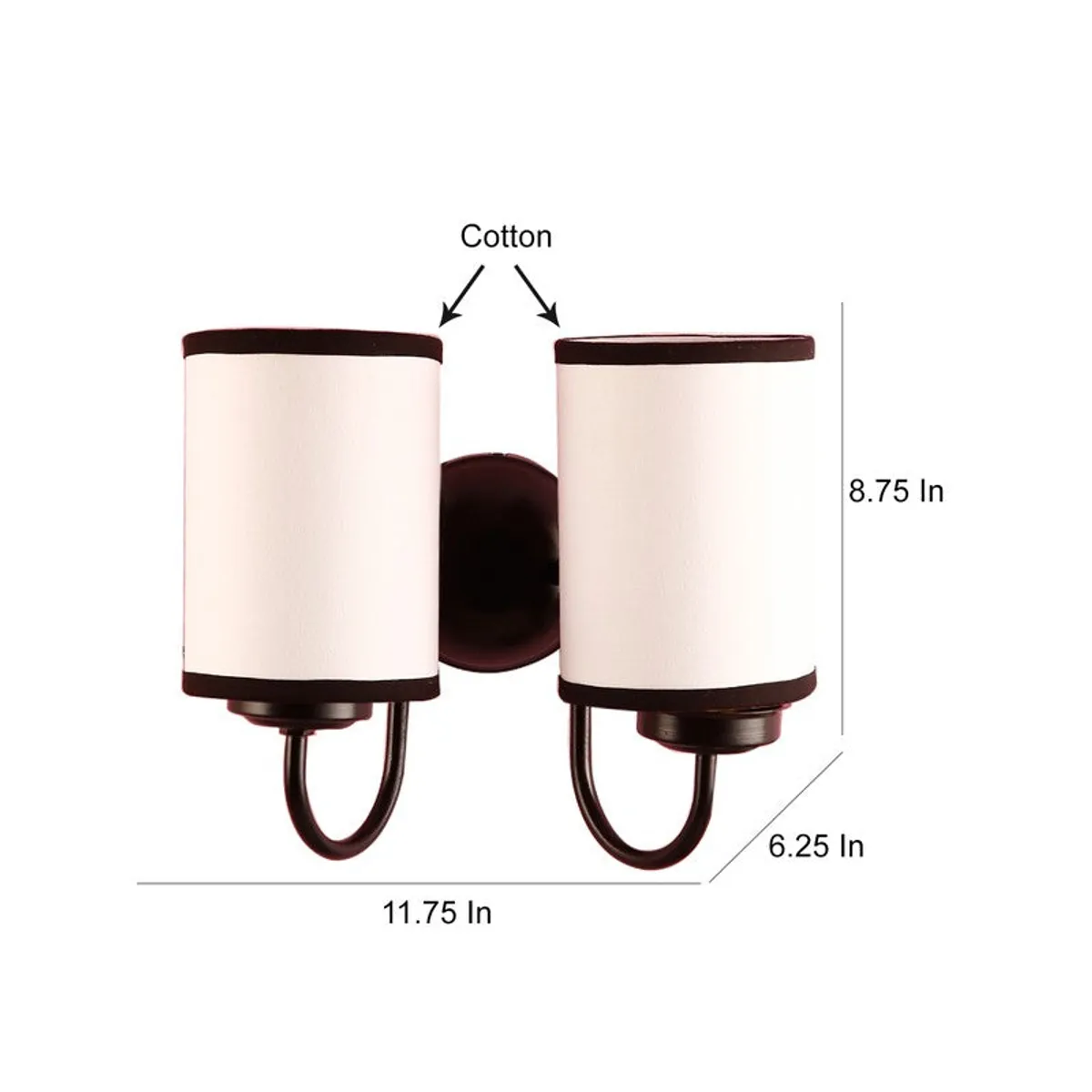 Dual wall lamp with white shades shown with dimension markings