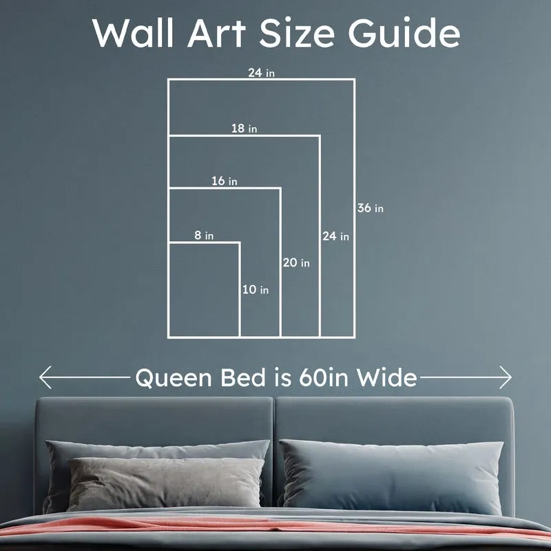 Bedroom scene with a bed placed below a wall art size guide graphic.