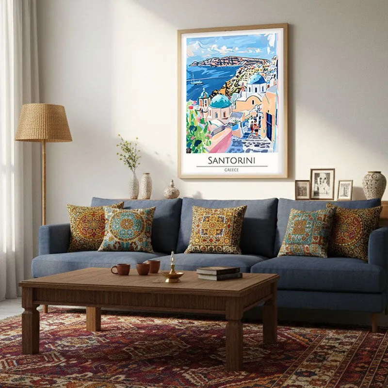 Vintage Santorini Framed Canvas Archival Canvas Wall Painting - Natural Brown Frame media 4