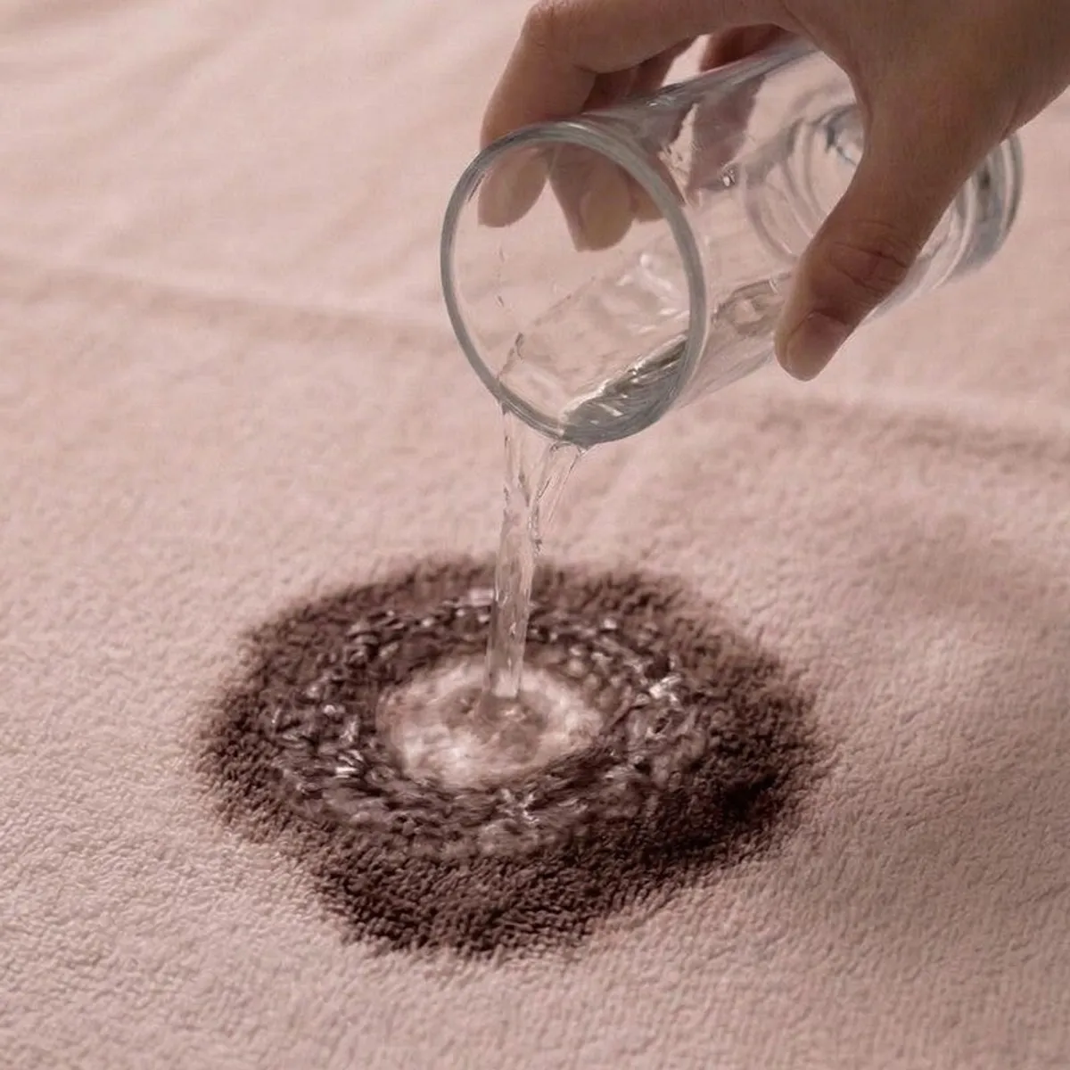 Water being poured onto the textured beige bath towel