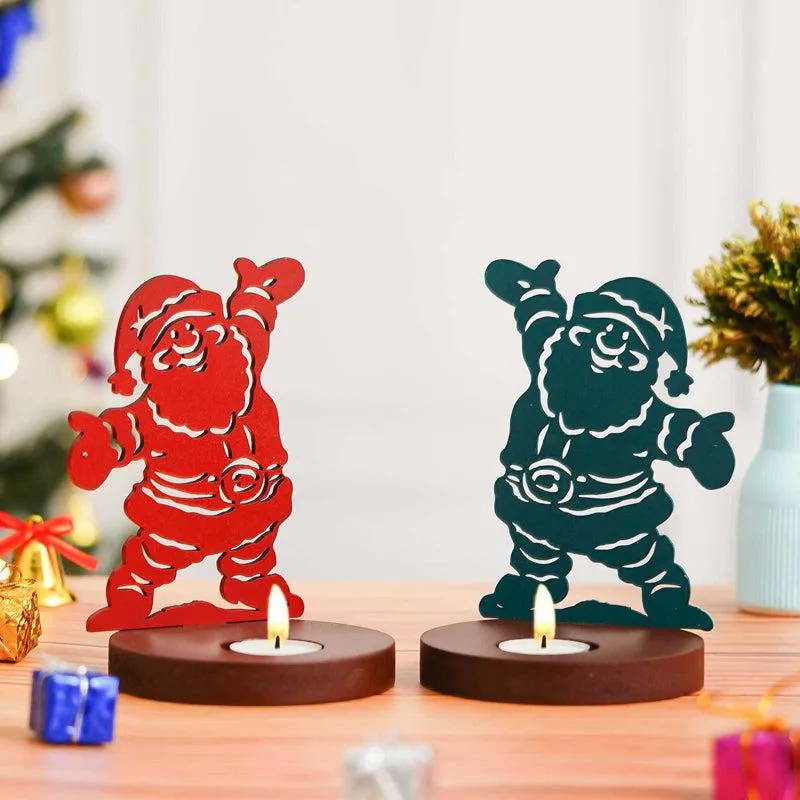 Mr Klaus Wood Christmas Tea Light Holder (Green & Red) - Set Of Two media 4