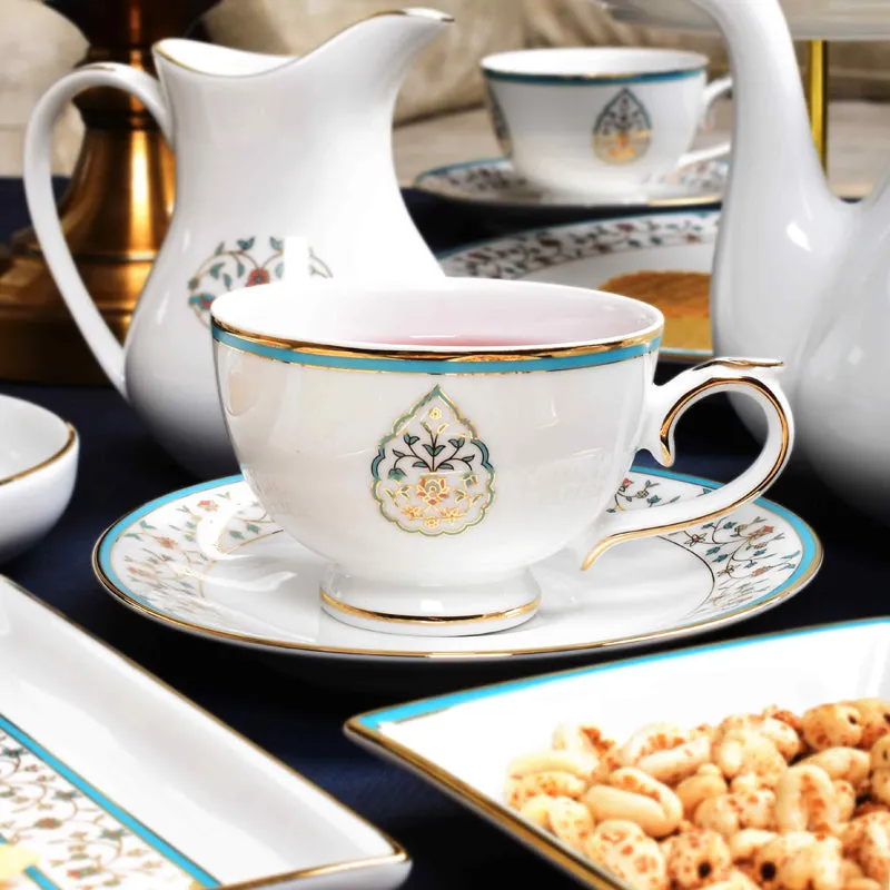 Gilded Mavi 24k Gold Brushed Porcelain Tea Set With Tea Pot - Seventeen Piece Set media 9