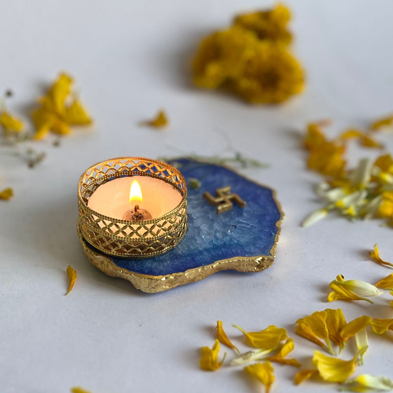 Swastik Handcrafted Agate Tealight Candle Holder - Blue media 4