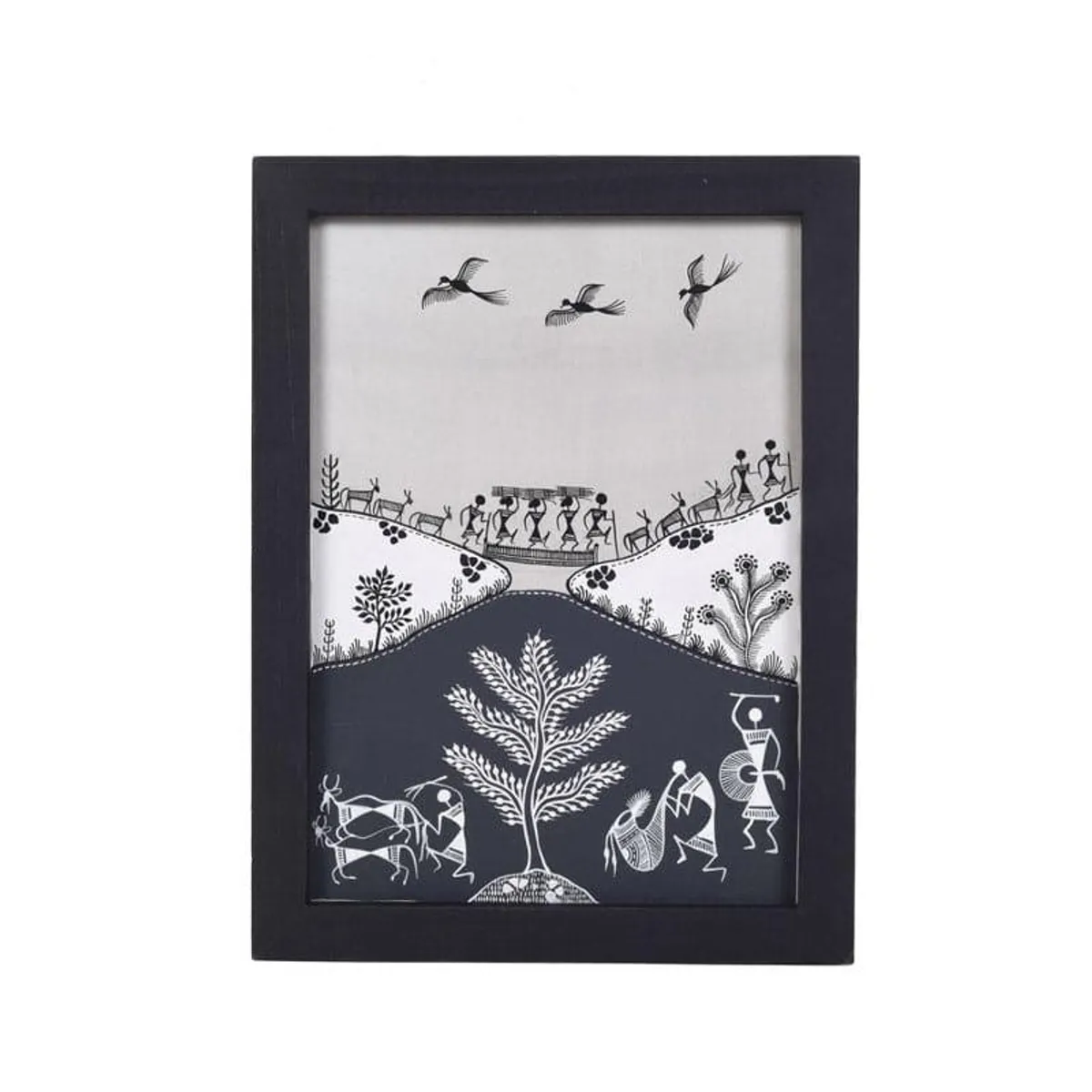 Framed tribal-style canvas wall art in black and grey with figures and birds