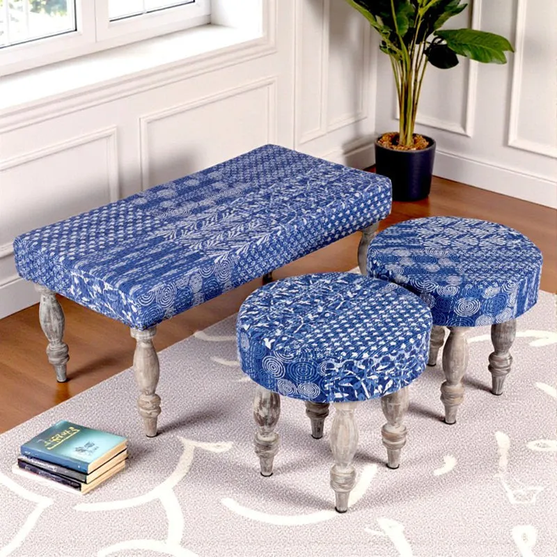 Delvo Sheesham Wooden Bench with Stools (Blue) - Three Piece Set media 1