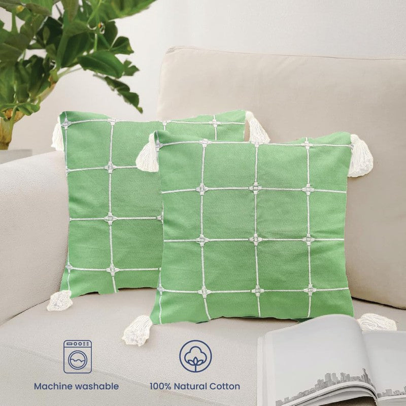Urban Space Modern Grid Green Cotton Cushion Covers - Set Of Two media 4