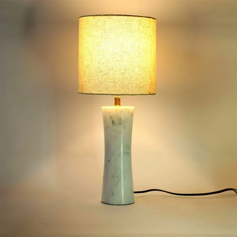 Concave Hand Crafted Marble Fabric Table Lamp - Beige,White media 1
