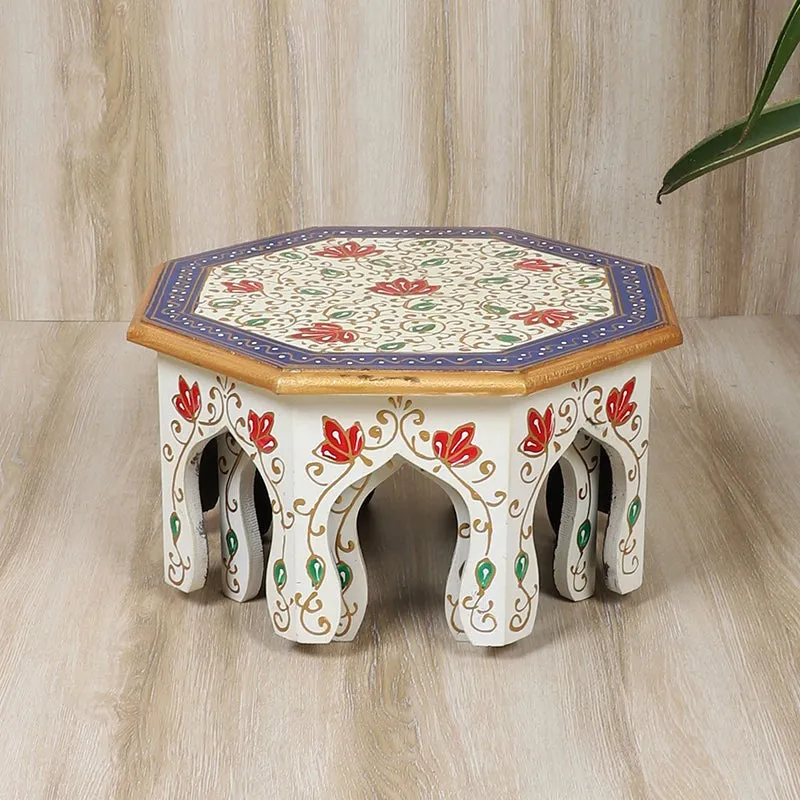 Large decorated octagonal stool with floral motifs and arched legs