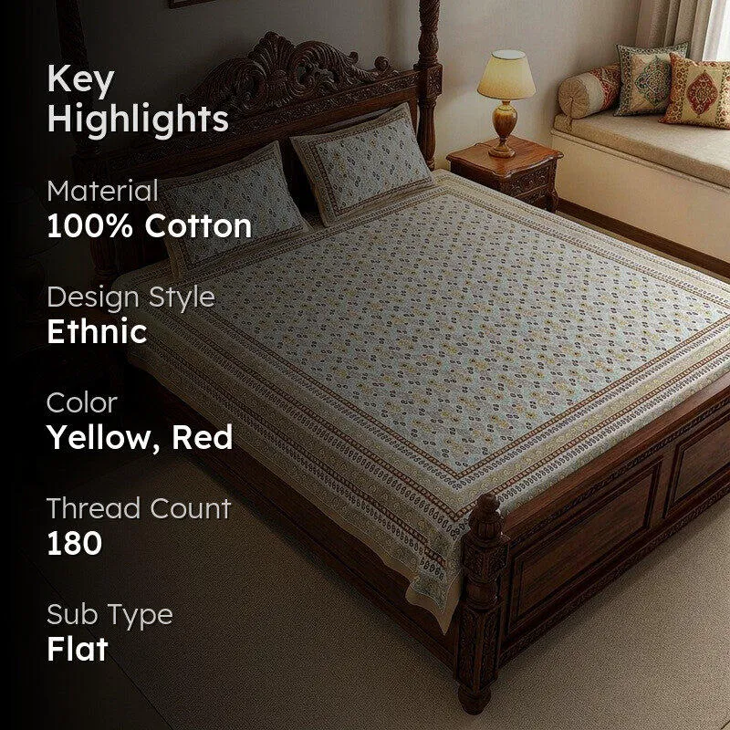 Rowan Ethnic Cotton Bedsheet (Yellow,Red) - 180 TC media 2