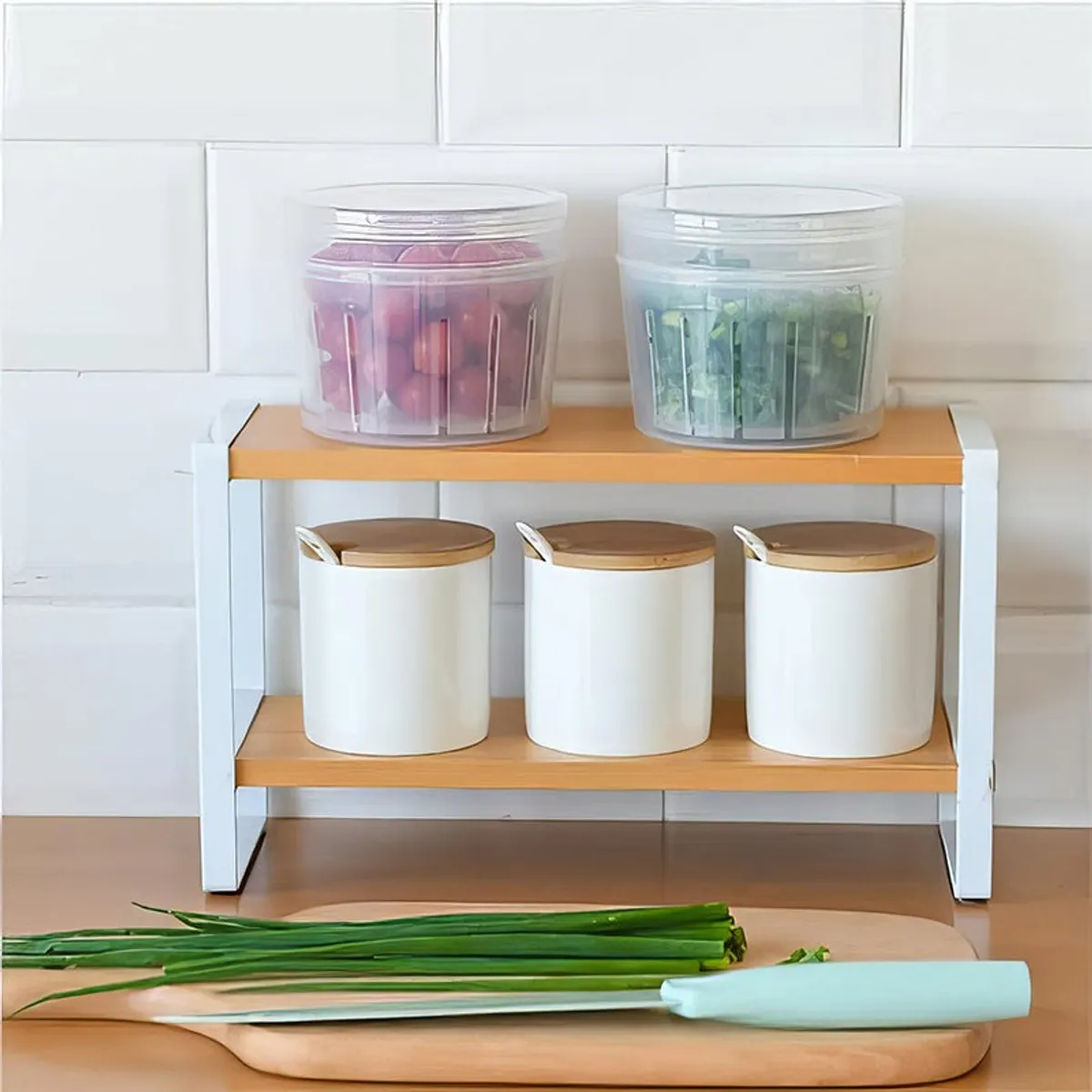 Two-tier countertop storage rack styled with kitchen containers