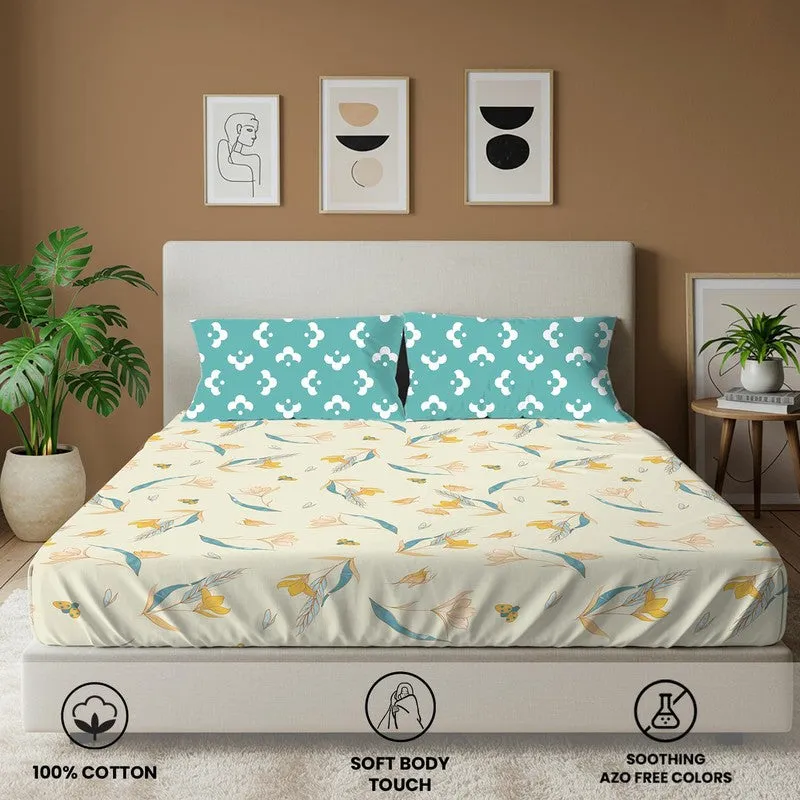 Sea Breeze Petals Floral Cotton Bedsheets (White & Blue) - 144 TC media 4