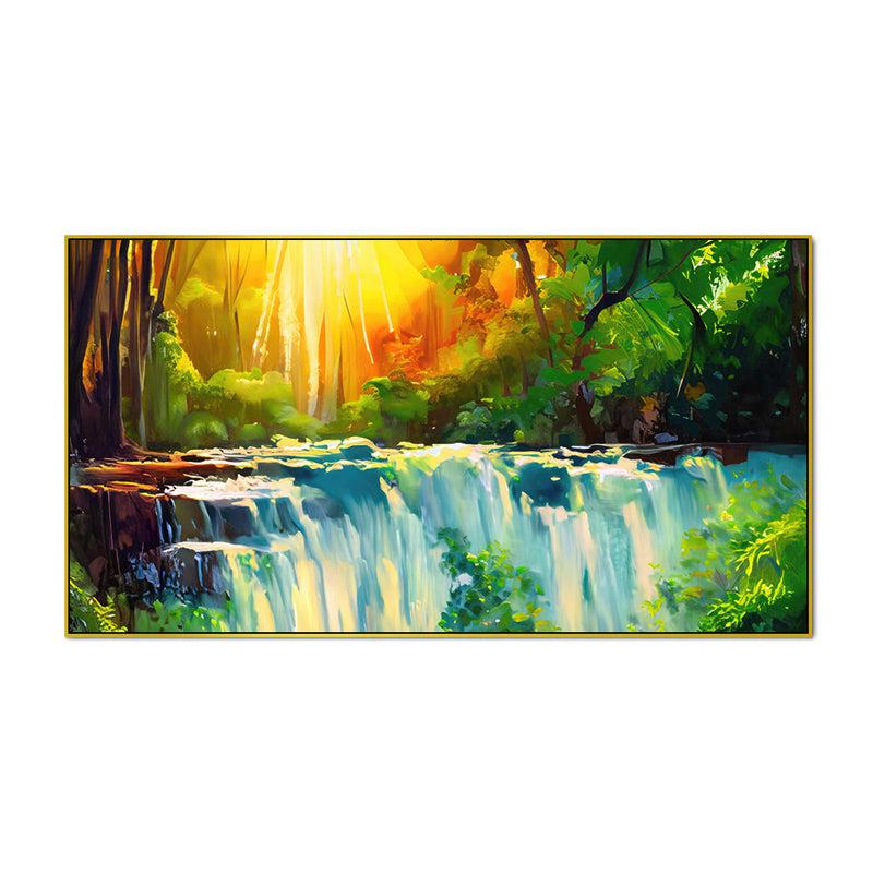 Sunlit Forest Waterfall Landscape Canvas Wall Painting With Frame - Gold media 4