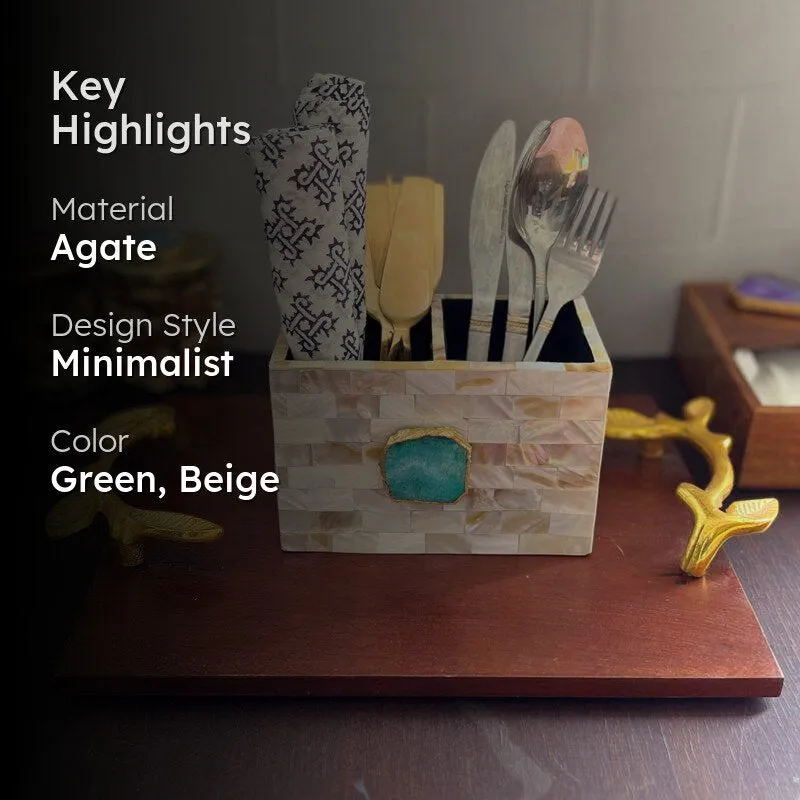 Suzzaine Handcrafted Mother Of Pearl & Agate Cutlery Holder - Green & Beige media 2