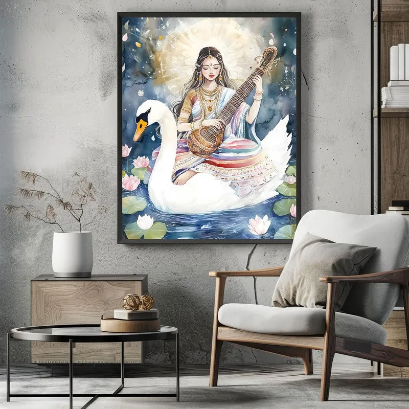 Vidya Swarupini Spiritual Archival Paper Wall Painting With Frame - Black media 3