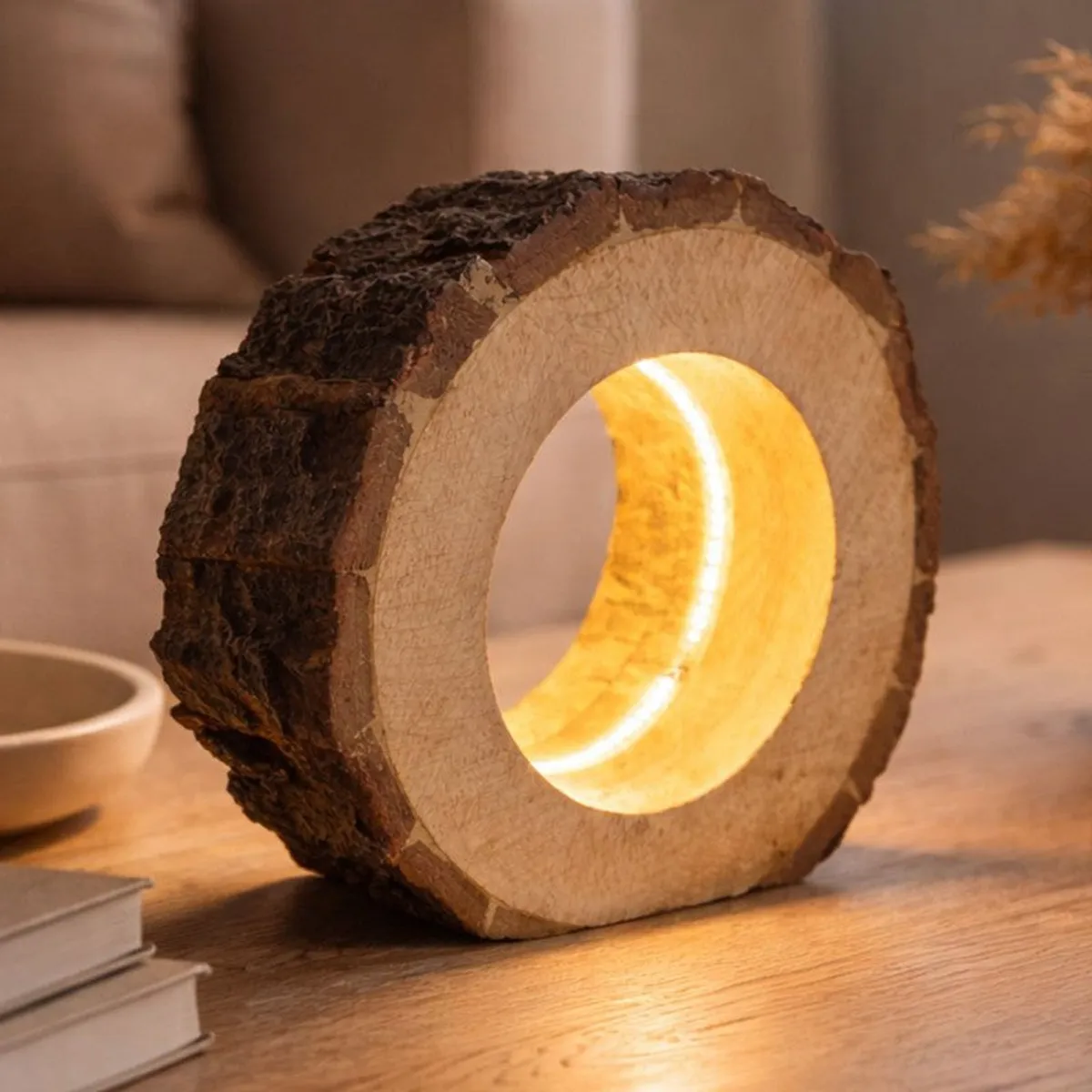 Wooden ring table lamp glowing warmly on a coffee table