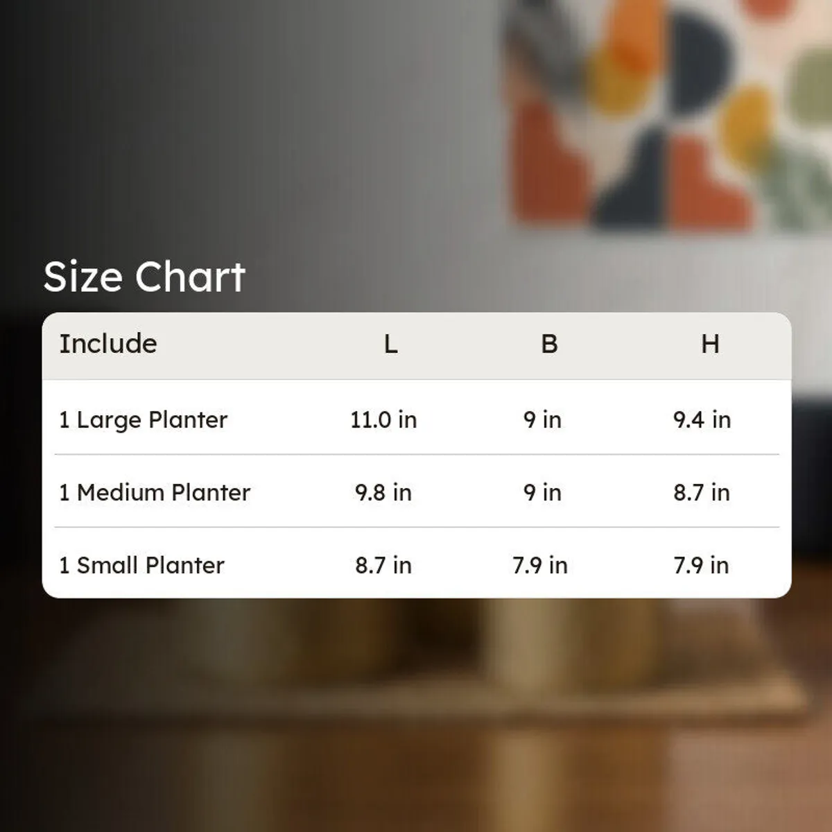 Size chart graphic showing dimensions for the large, medium and small planters.