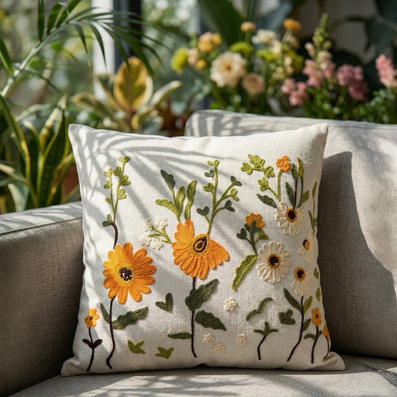 Thread Bloom Embroidered Cotton Cushion Cover