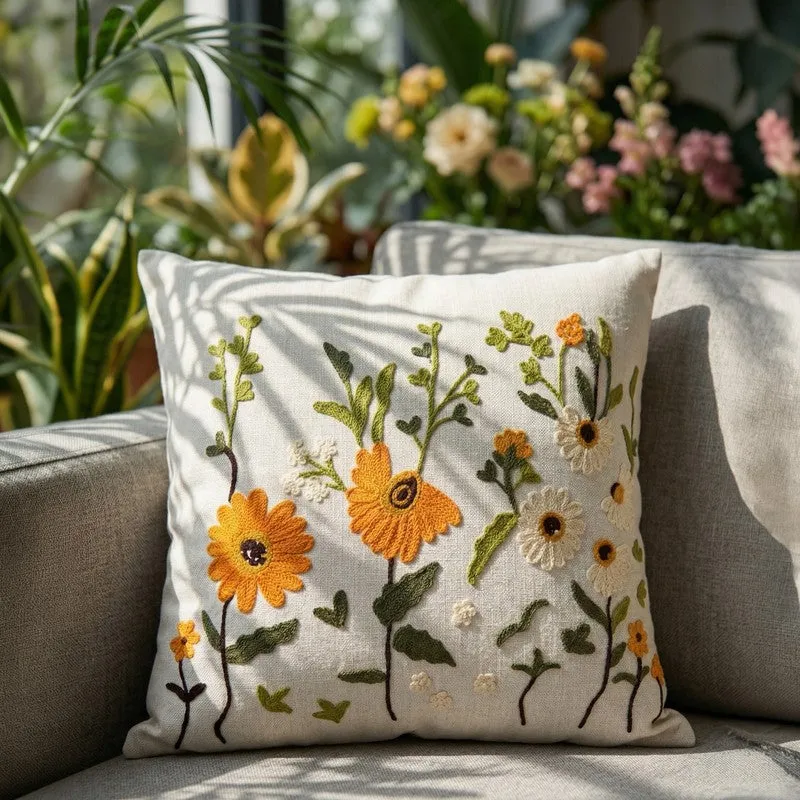 Thread Bloom Embroidered Cotton Cushion Cover media 1