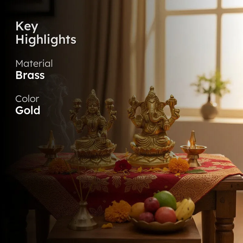 Lakshmi Ganesh Brass Showpiece - Gold media 2