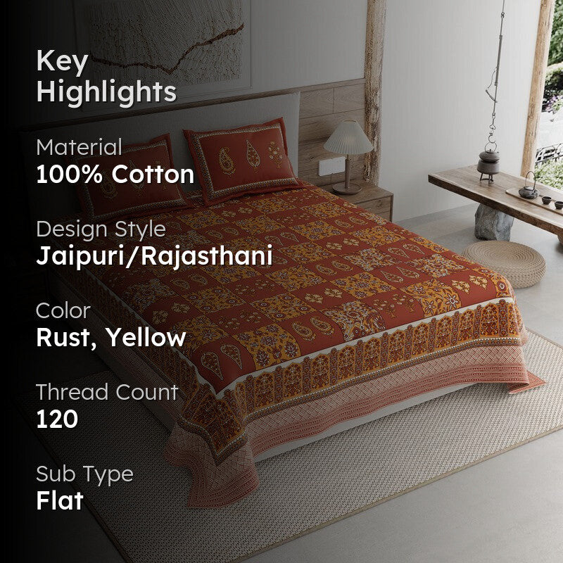 Jaipur Charm Cotton Bedsheet (Rust,Yellow) - 120 TC media 2