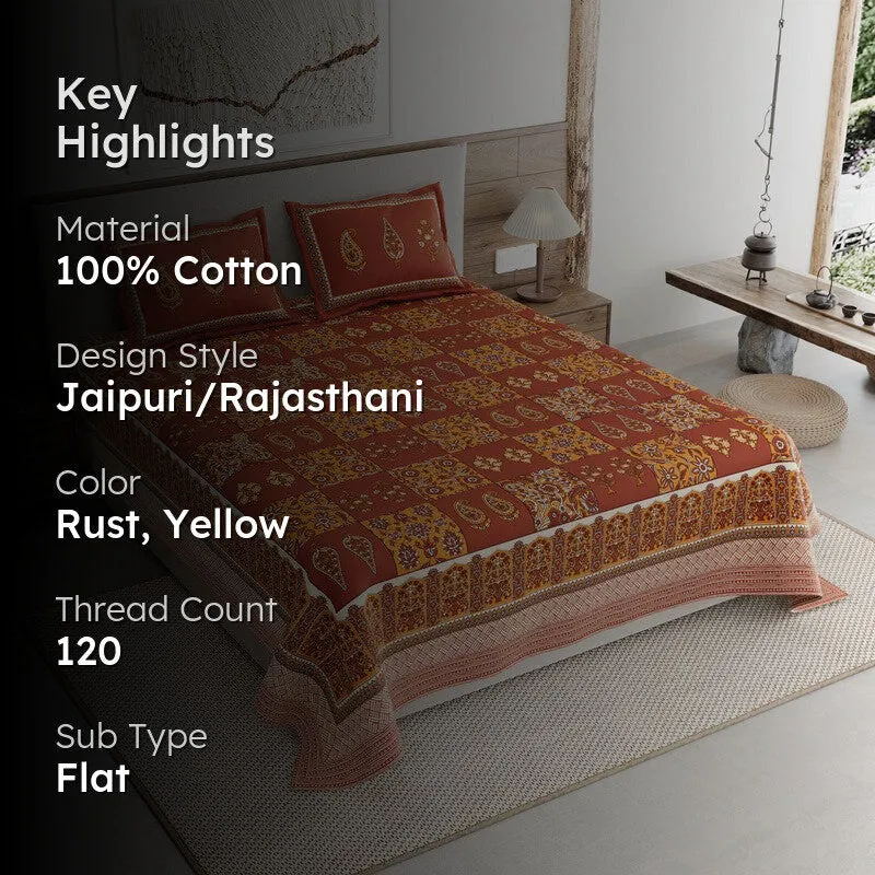 Jaipur Charm Cotton Bedsheet (Rust,Yellow) - 120 TC media 2
