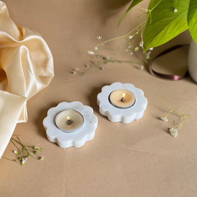 Eudora Bloom Flora Handcrafted Marble Tealight Candle Holder - Set Of Two