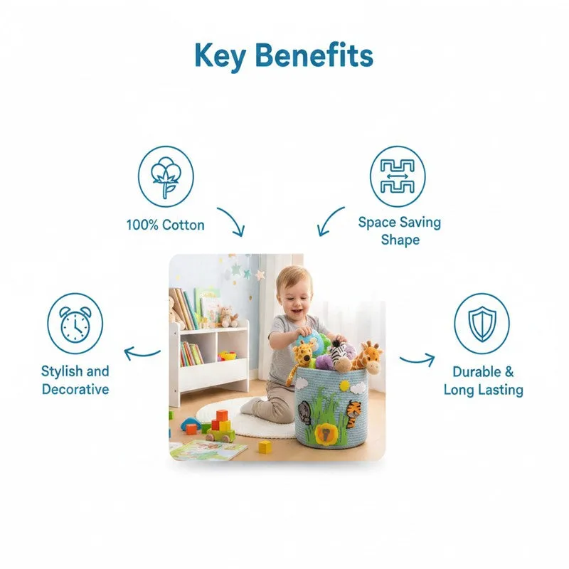 Blue kids storage basket shown with playful jungle theme in a nursery setting