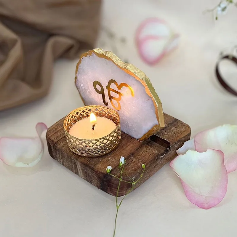 Ik Onkar Handcrafted Agate Religious Accent With Tealight Candle Holder - White media 3