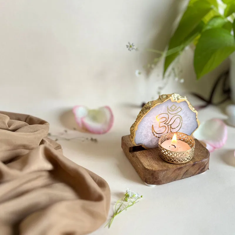 Om Handcrafted Agate Religious Accent With Tealight Candle Holder - White media 3