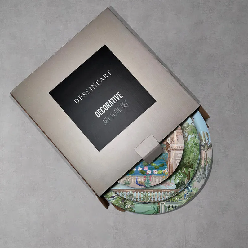 Gift box with decorative round wall plates partly visible inside