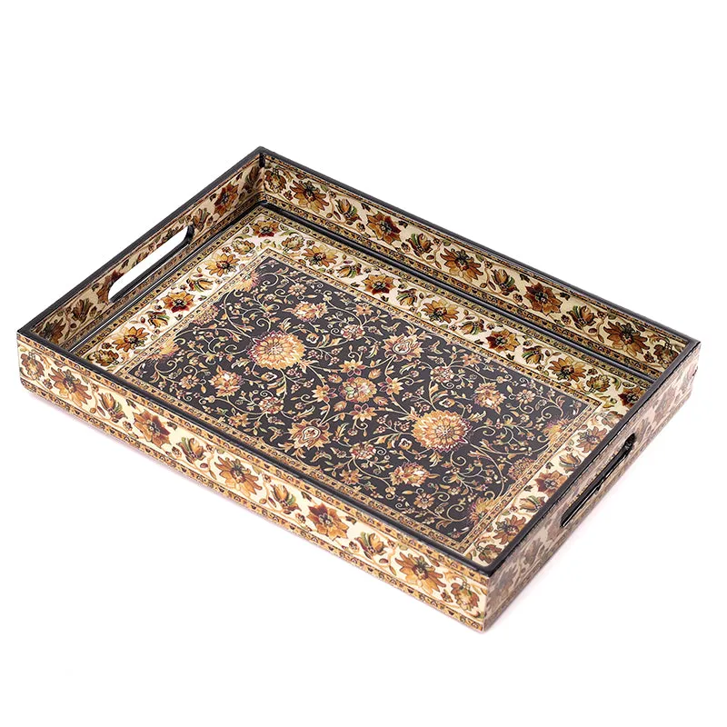 Inaayat rectangular serving tray with ornate floral pattern on white background