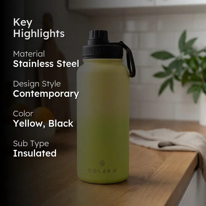 Yellow bottle on counter with key highlights text overlay