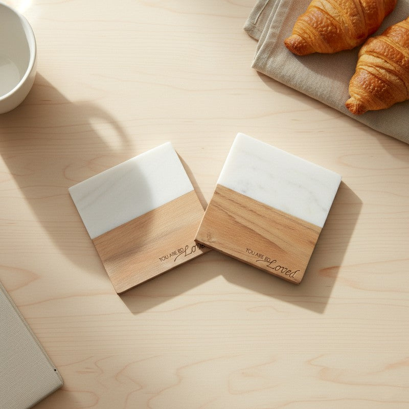 Walnut Cream Engraved Marble Coasters - Set Of Two