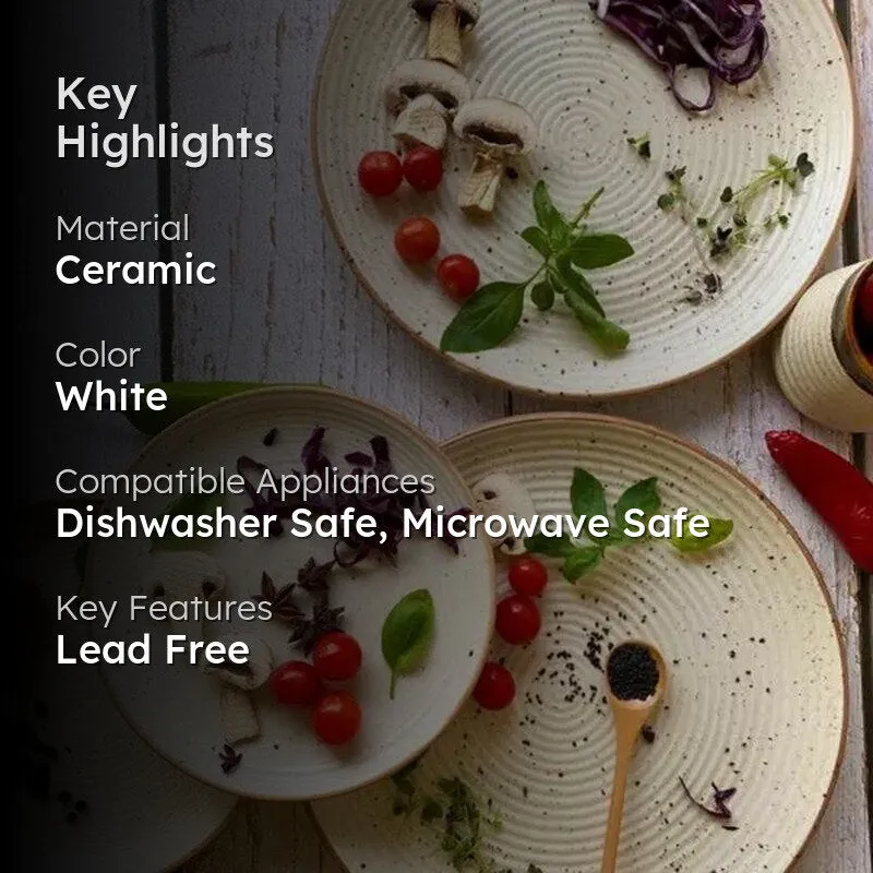 Speckled ceramic plates styled on a table with text overlay