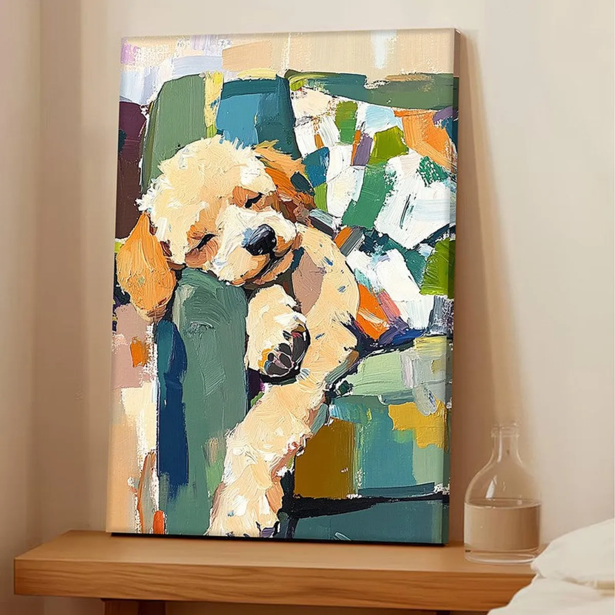 Abstract canvas painting of a sleeping puppy in multicolour brushstrokes on a shelf