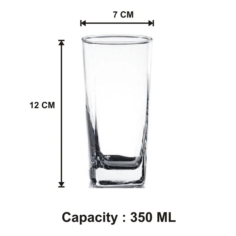 Clear glass tumbler with printed size illustration