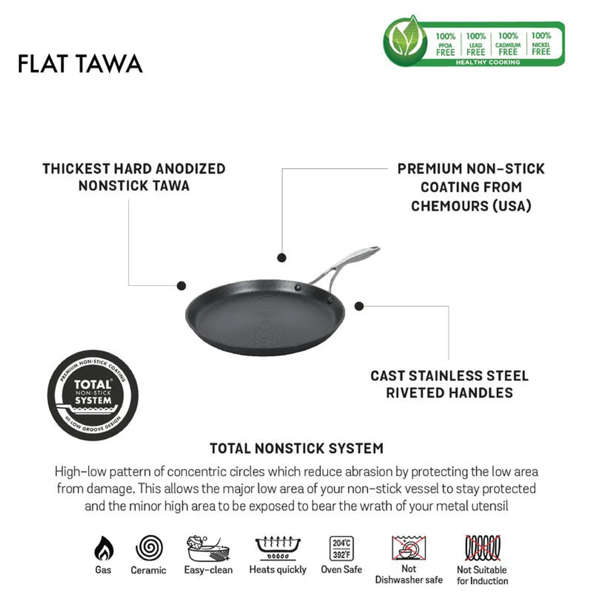 Black dosa tawa shown with a round flat cooking surface and silver handle