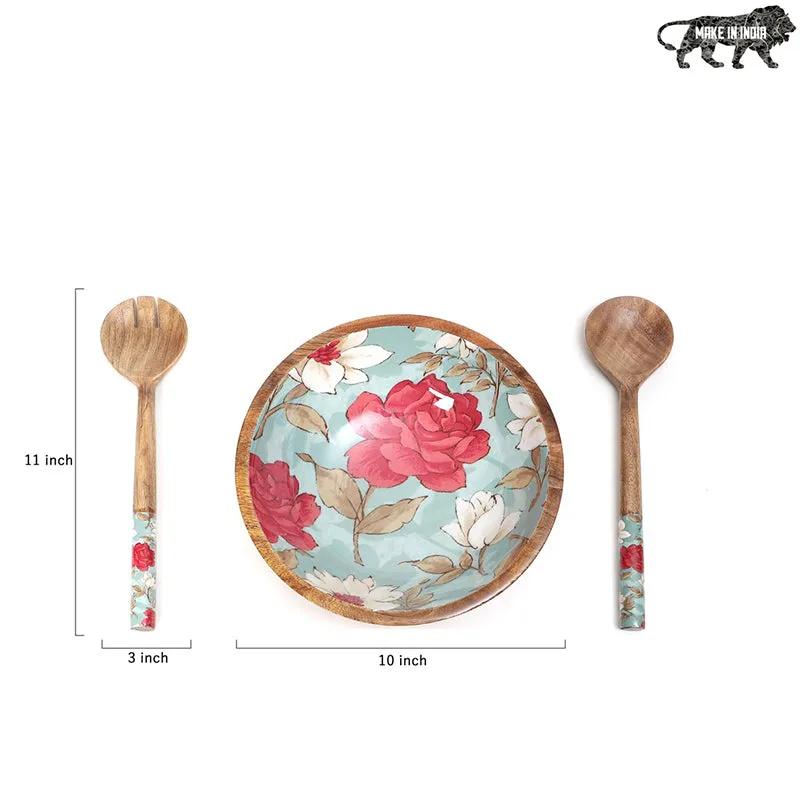 Fleur Aqua Enamel Coated Mango Wood Salad Bowl With Cutlery (900 mL) - Three Piece Set media 8