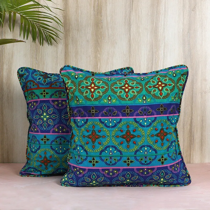 Swayam Riwaaz Printed Cushion Cover (Green,Blue) - Set of Two media 1