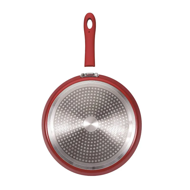 Top view of the round red dosa tawa and its long handle
