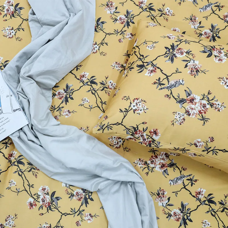 Cherry Blossom Printed Cotton Duvet Cover - Mustard Yellow media 7
