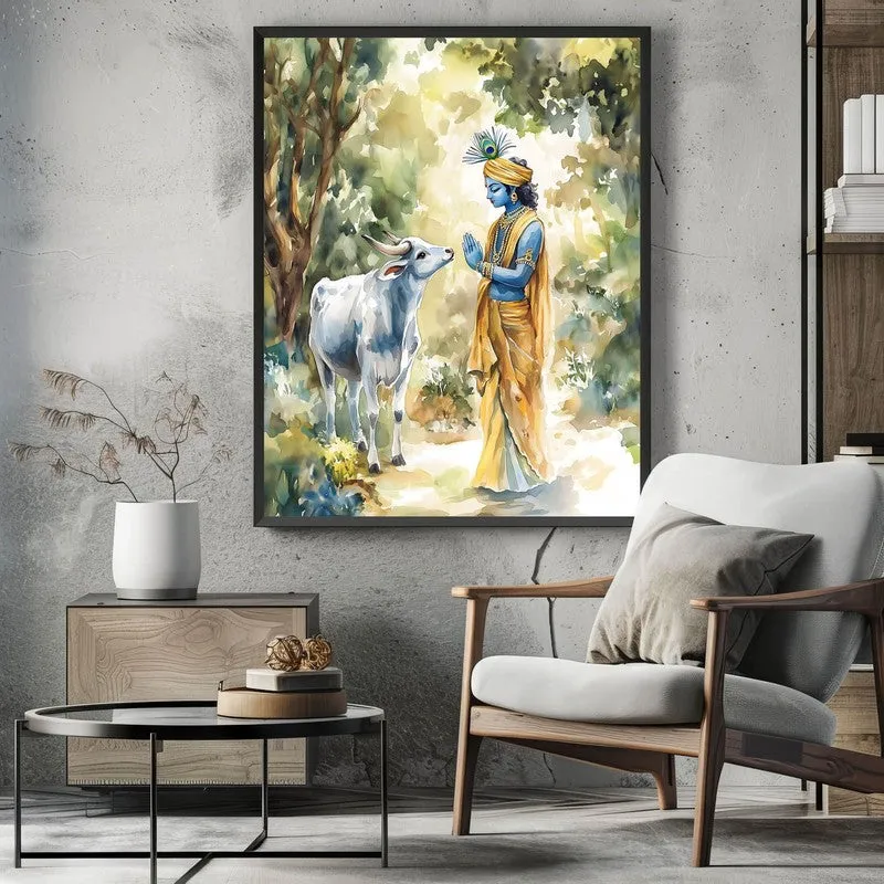 Krishna Spiritual Archival Paper Wall Painting With Frame - Black media 3