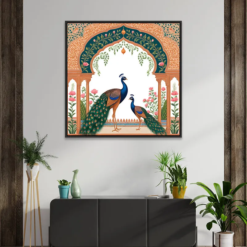 Royal Peacock Pair Canvas Wall Painting With Frame - Black media 1