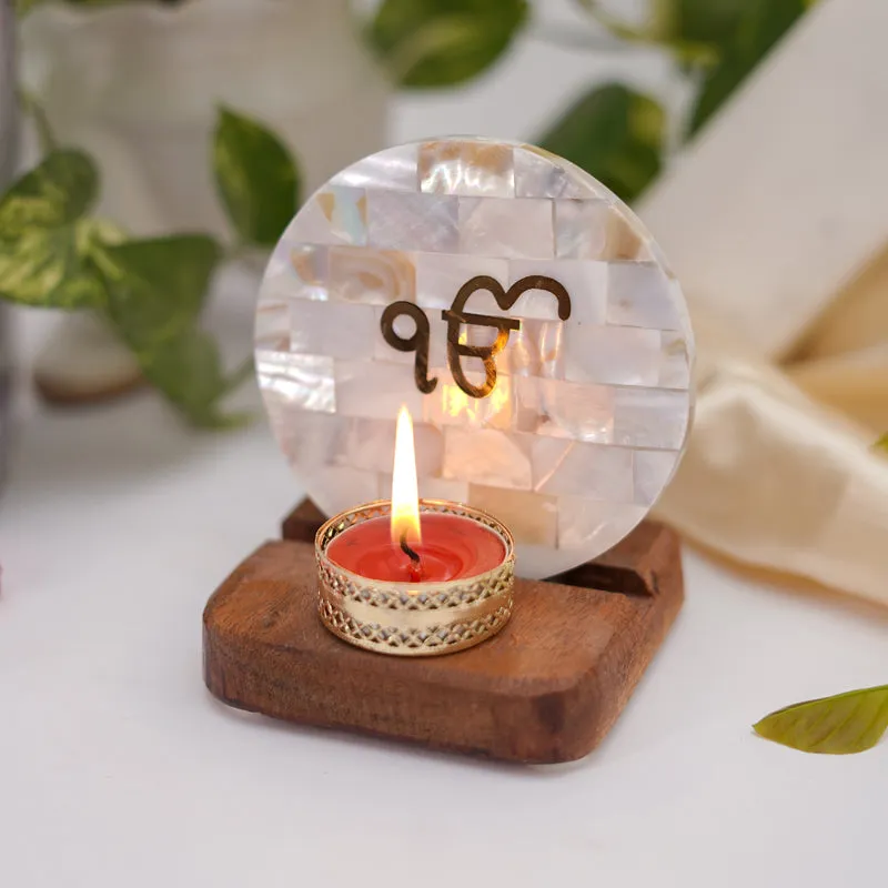 Ik Onkar Mother Of Pearl Religious Accent With Tealight Candle Holder media 3