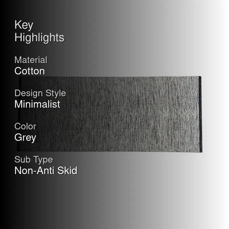 Charcoal-grey runner rug with key highlights text on a dark gradient background.