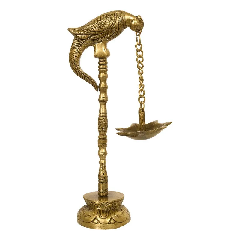 Side view of a gold parrot perch hanging diya with chain and lotus-shaped bowl.