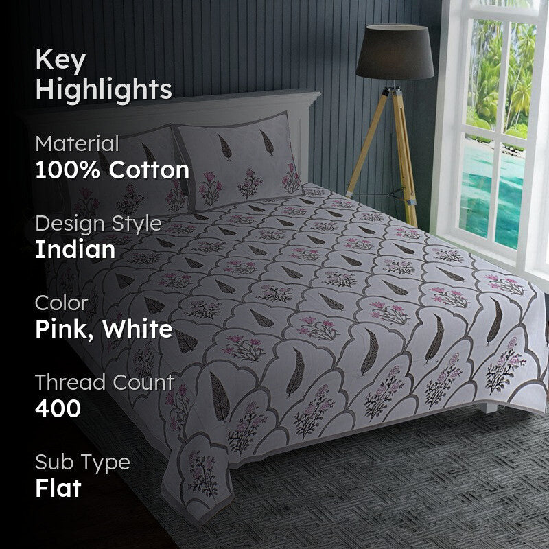 RiwaayatWhite Handblock Printed Cotton Bedsheet (Brown) - 400 TC media 2