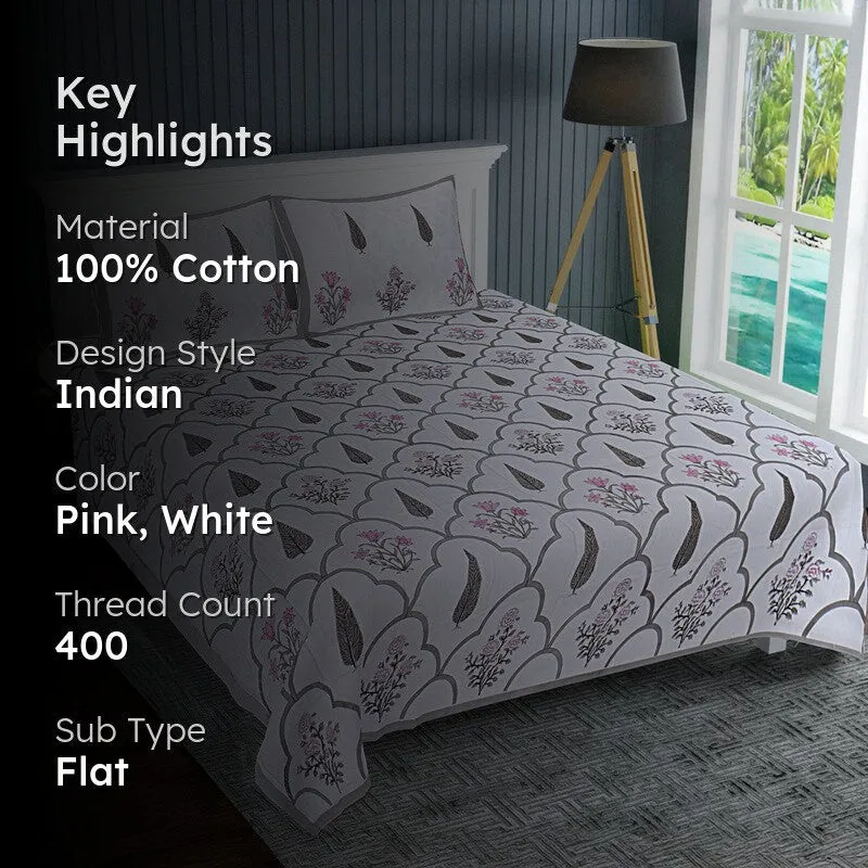RiwaayatWhite Handblock Printed Cotton Bedsheet (Brown) - 400 TC media 2