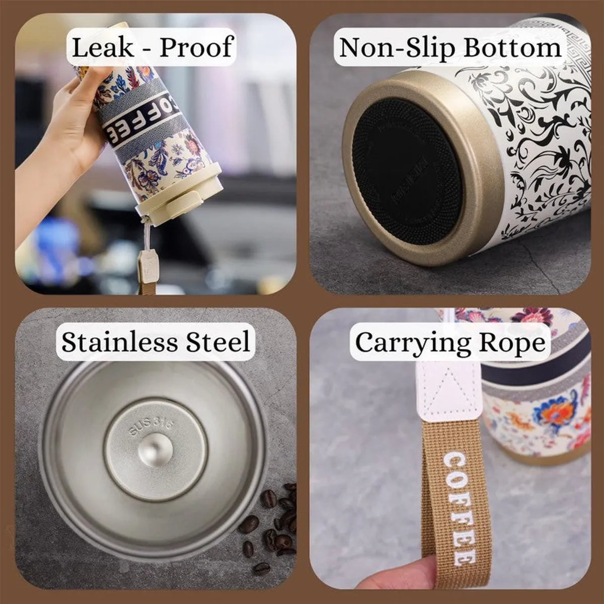 Close-up views of the floral tumbler base, interior and carrying strap